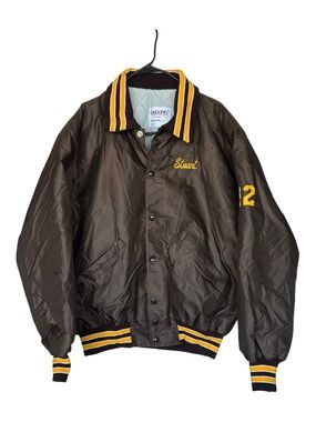 Vintage Delong Mens Stuart Brown & Yellow Satin Varsity Jacket Size XL